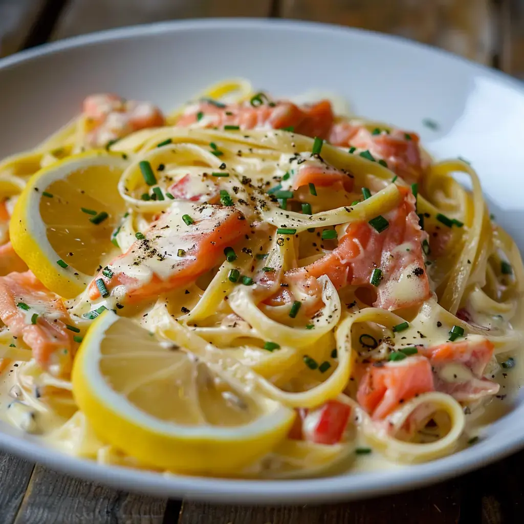 Tagliatelles crémeuses au saumon fumé, garnies de citron et d'aneth frais