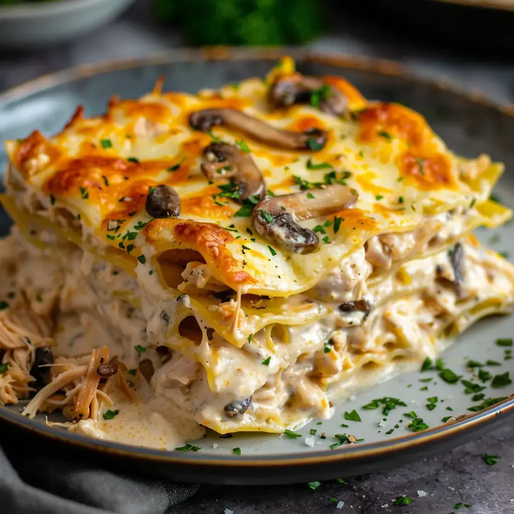 Lasagnes au poulet crémeuses garnies de fromage gratiné et de persil frais