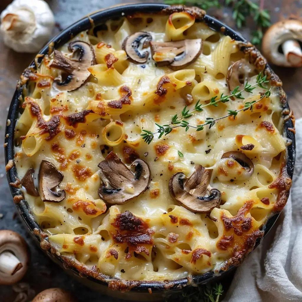 Un gratin de pâtes aux champignons doré et fumant, parsemé de thym frais