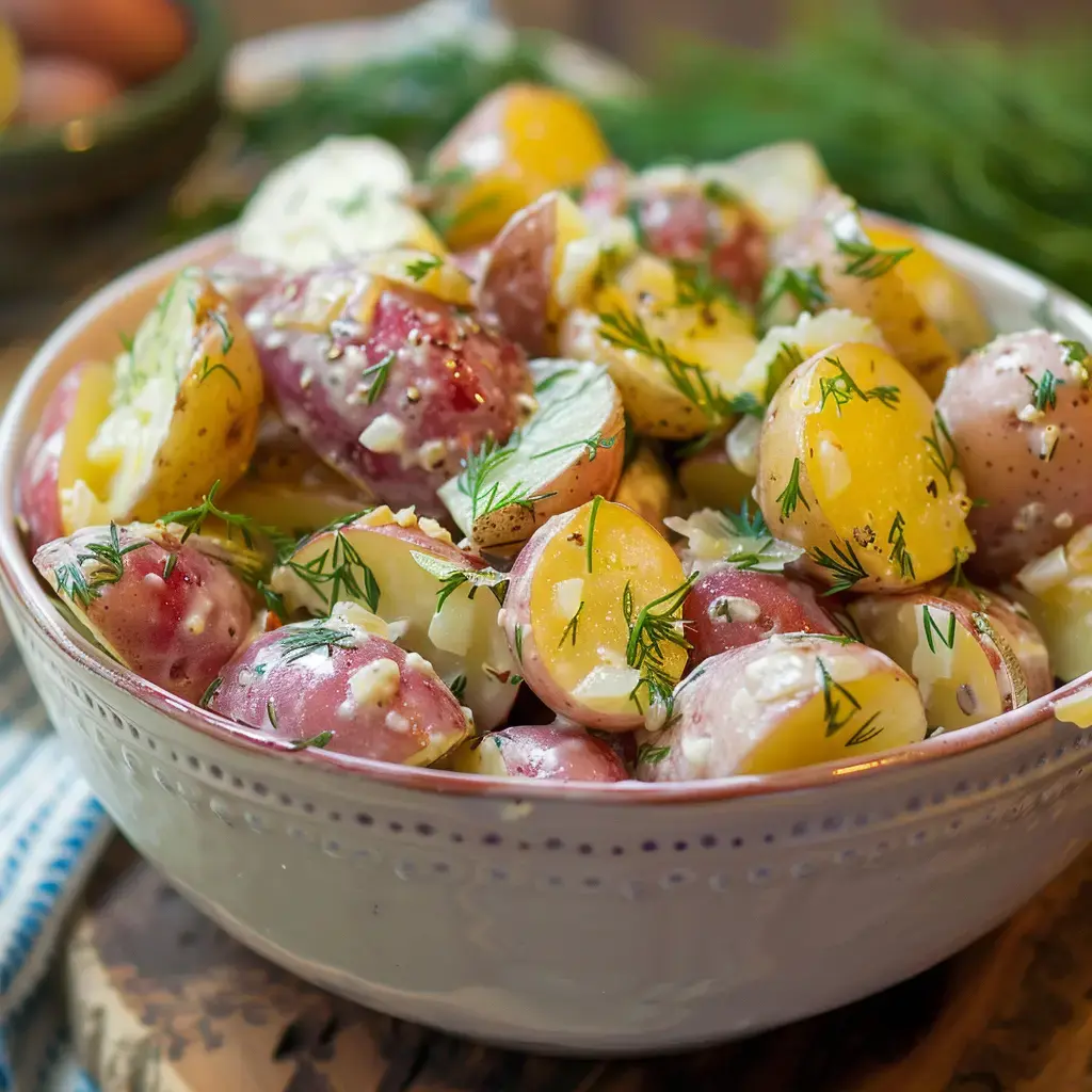 Salade de pommes de terre à la française garnie d'aneth et sa vinaigrette maison