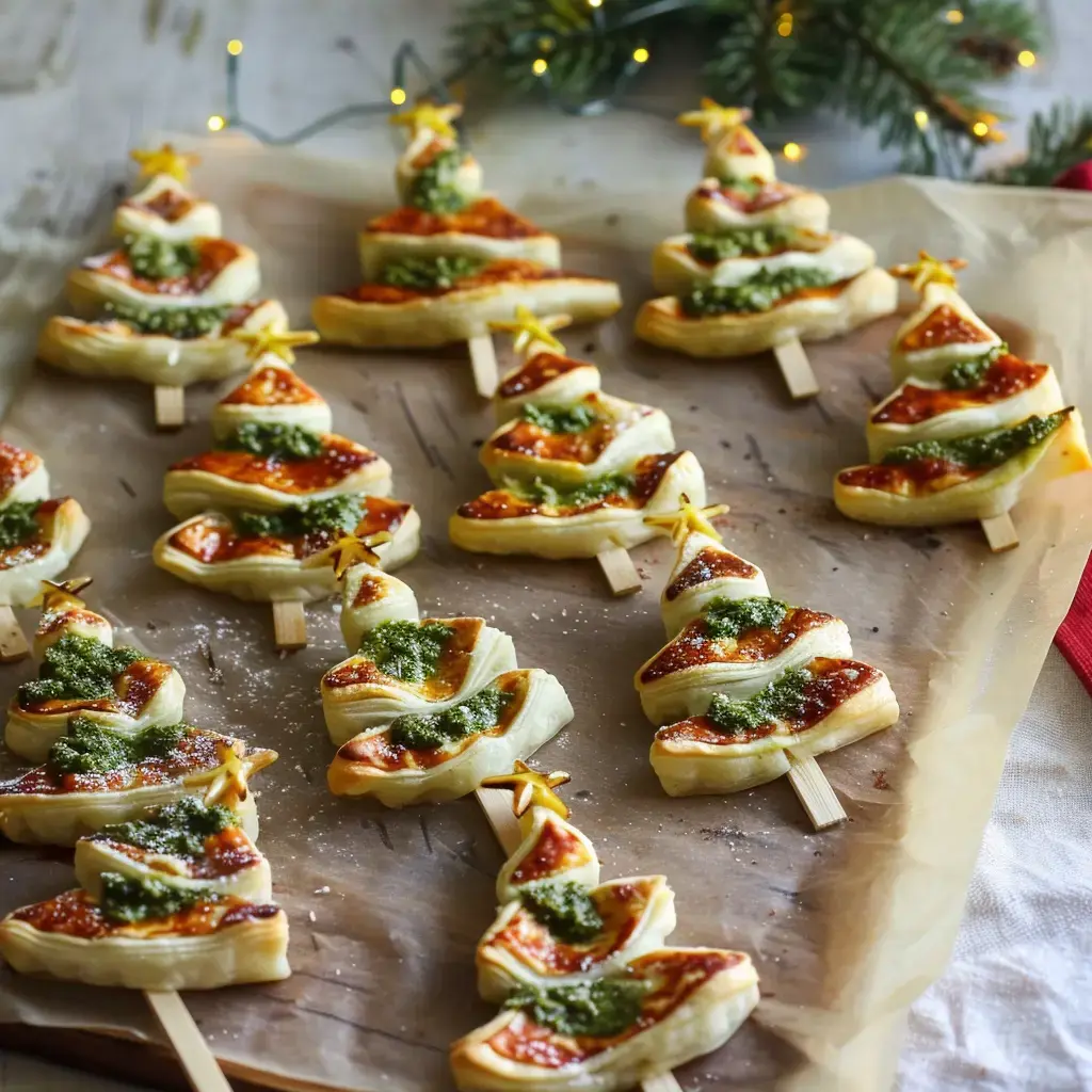 Des feuilletés festifs en forme de sapin, dorés et appétissants, disposés sur une feuille de cuisson.