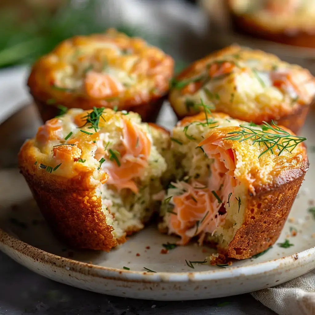 Muffins dorés garnis de saumon fumé et d'aneth frais sur un plat de service