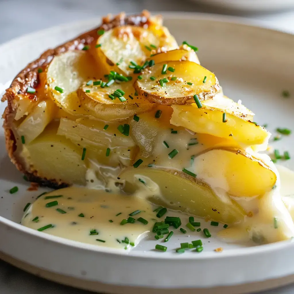 Un gratin de pommes de terre au camembert de Normandie garni de ciboulette fraîche