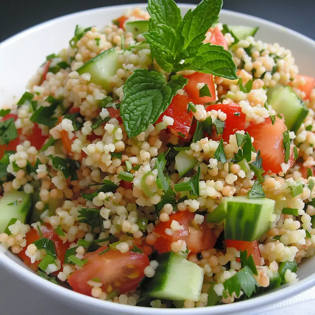 Taboulé frais aux herbes, tomates et concombre