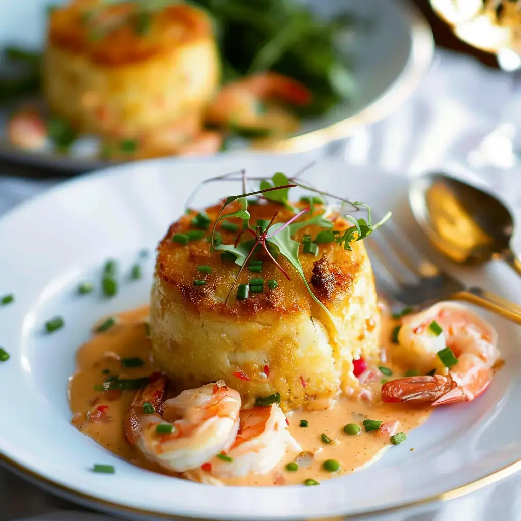 Soufflé au crabe doré servi avec sa sauce bisque et sa garniture fraîche