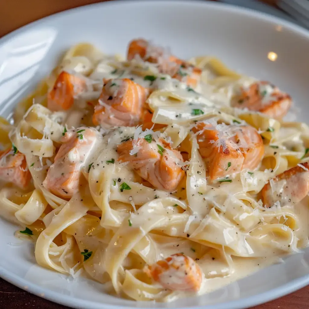 Tagliatelles fraîches nappées de sauce crémeuse avec des morceaux de saumon et copeaux de parmesan