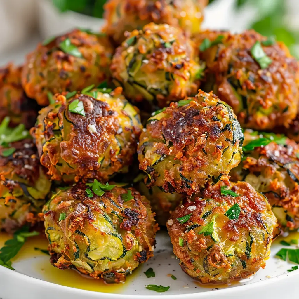 Croquettes de courgettes dorées garnies de persil frais sur une assiette blanche