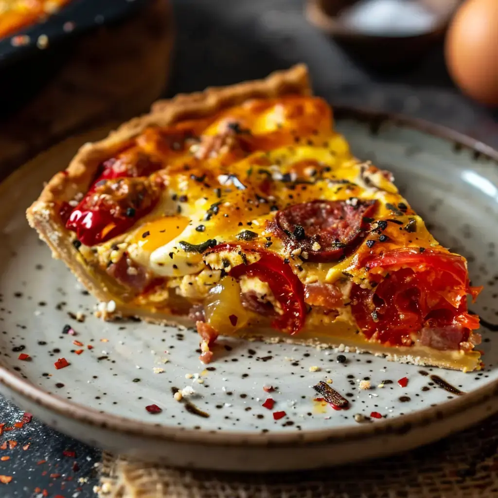 Une part de quiche aux poivrons et chorizo, dorée et appétissante, présentée sur une assiette.