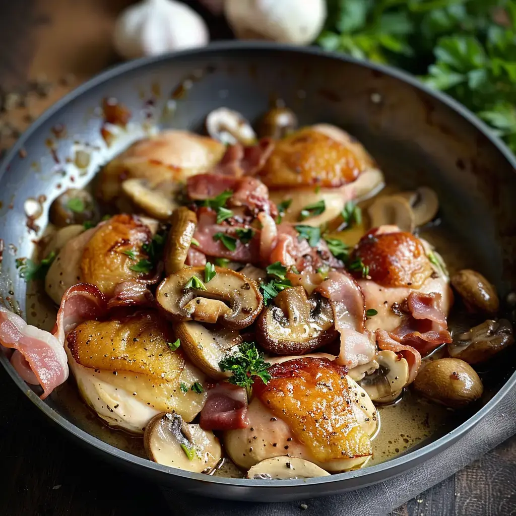 Émincé de poulet à la crème et moutarde avec lardons et champignons, garni de persil frais