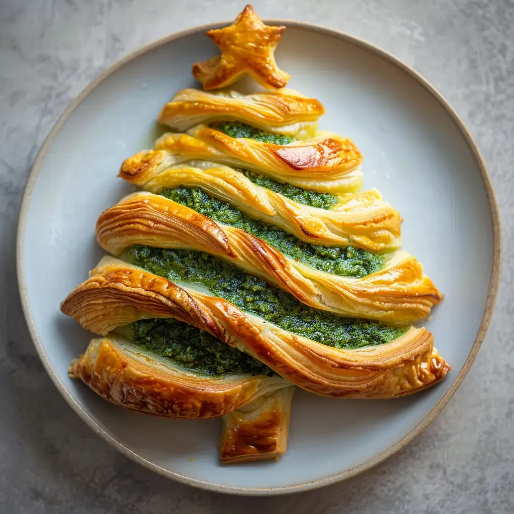 Sapin feuilleté au pesto doré et croustillant, décoré avec élégance