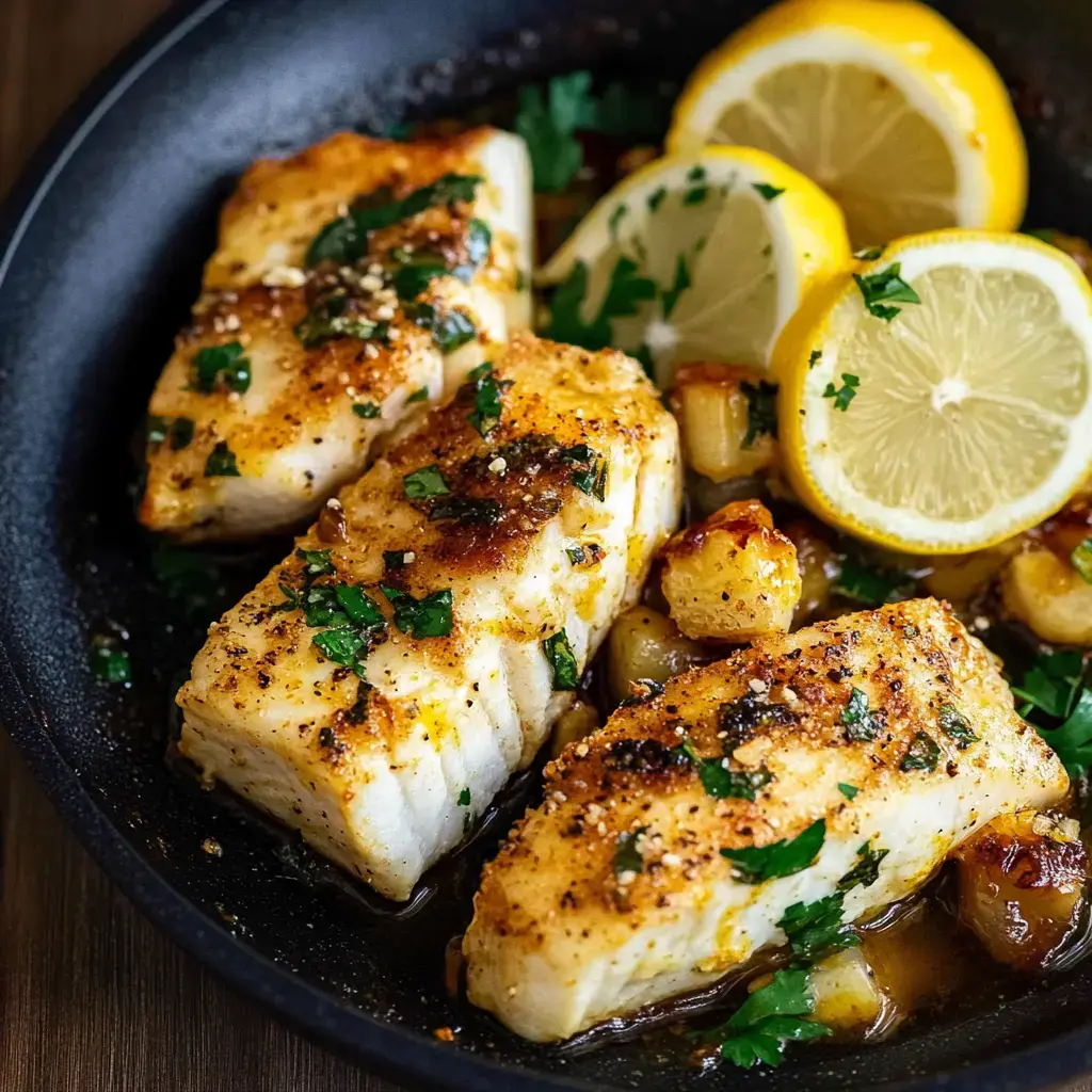 Filets de cabillaud dorés garnis de persil frais avec quartiers de citron