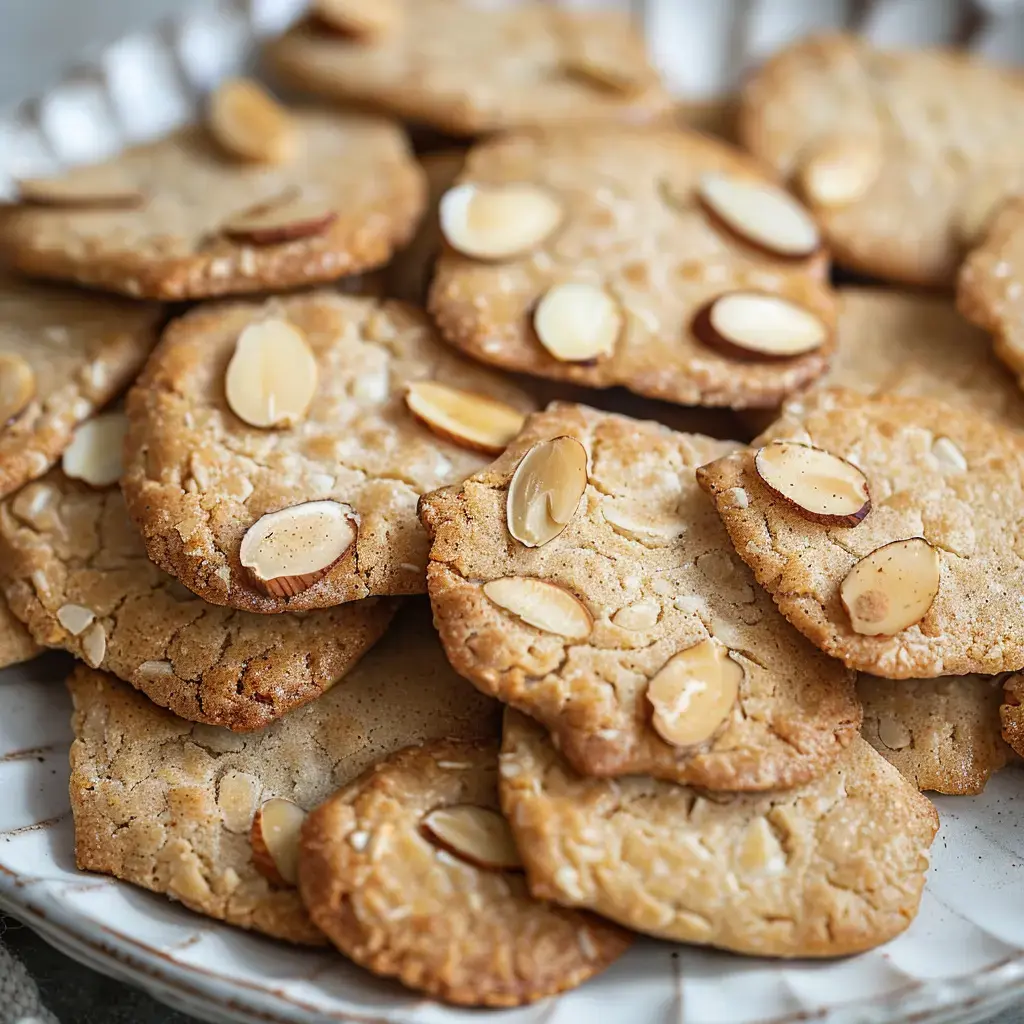 Des sablés aux amandes dorés disposés élégamment sur une assiette de service.