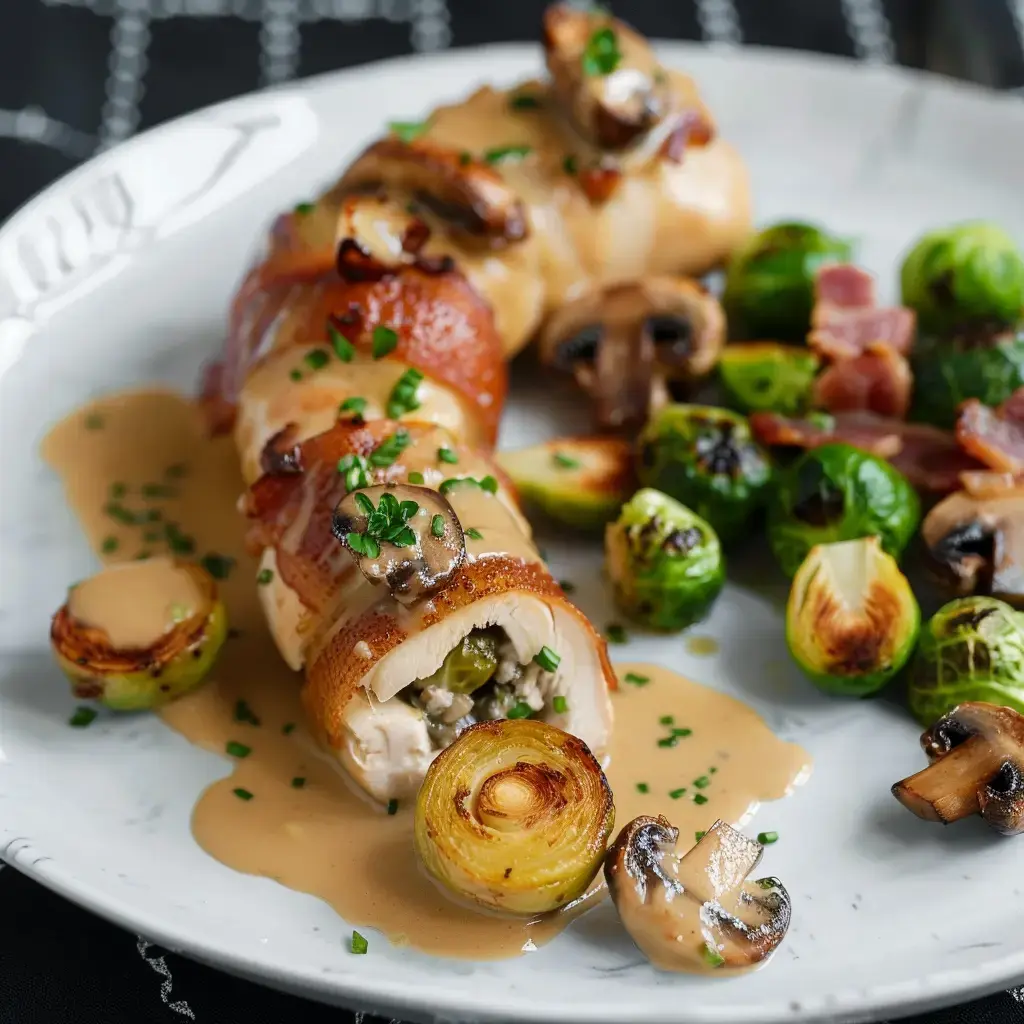 Une ballotine de poulet aux morilles, accompagnée de choux de Bruxelles et d'une sauce crémeuse aux champignons