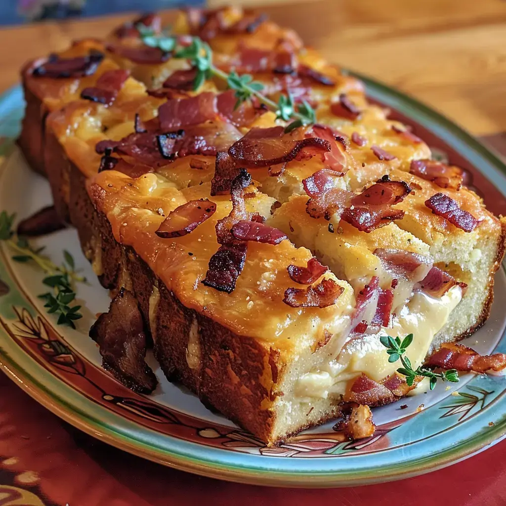 Cake au camembert parsemé de lardons dorés, présenté sur un plat de service