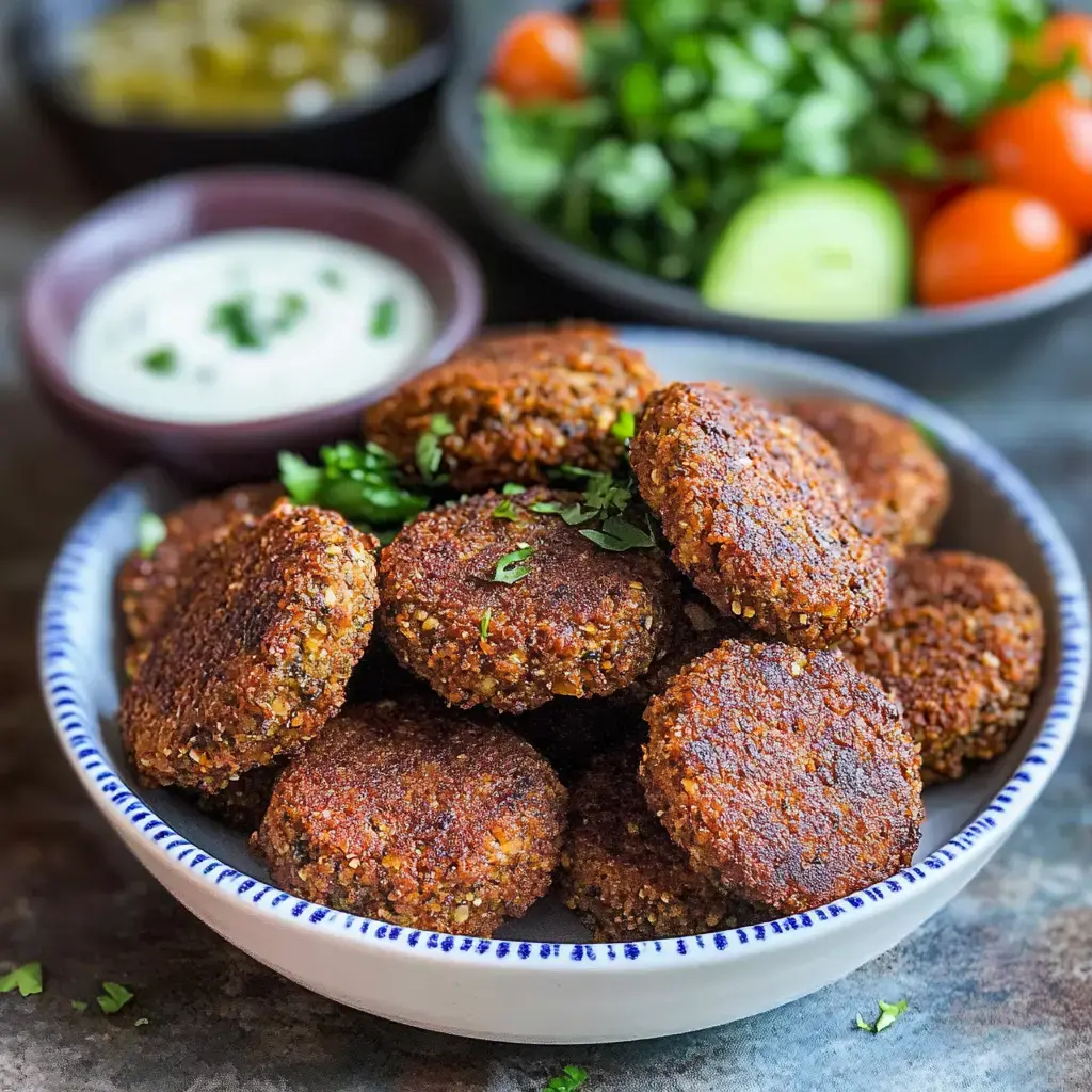 Assiette de falafels dorés garnis de coriandre, accompagnés de sauce blanche et d'une salade au fond.