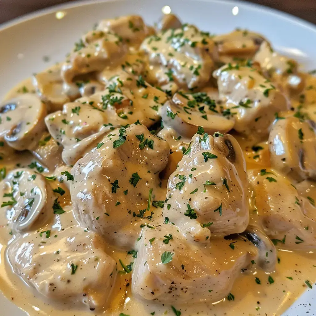 Suprême de volaille nappé de sauce aux champignons, garni de persil frais