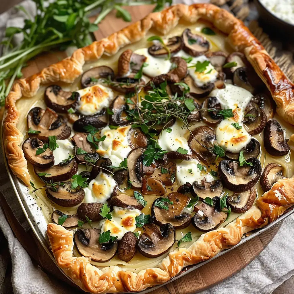 Tarte feuilletée aux champignons garnie de Brie de Meaux et herbes fraîches