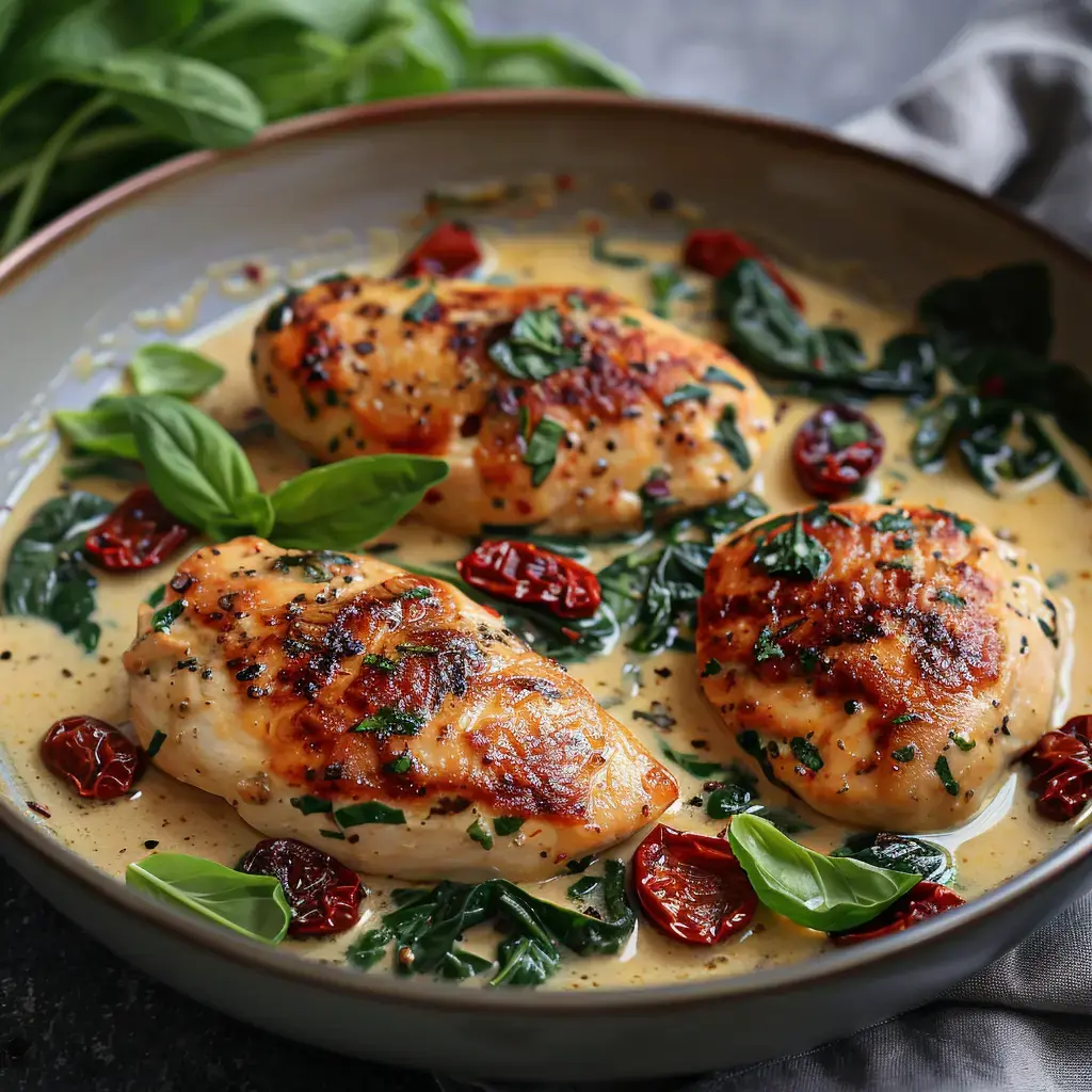 Émincé de poulet aux épinards et tomates confites, nappé d'une sauce crémeuse et parsemé de basilic frais