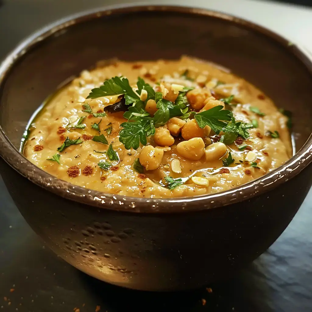 Un bol de houmous crémeux garni de marrons concassés et d'un filet d'huile d'olive