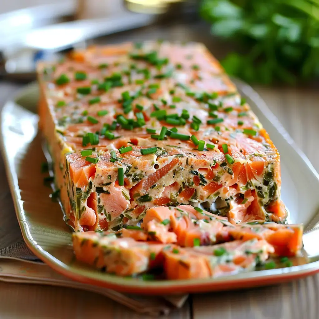 Terrine de saumon décorée de brins de ciboulette fraîche, présentée avec quelques tranches dressées sur une assiette