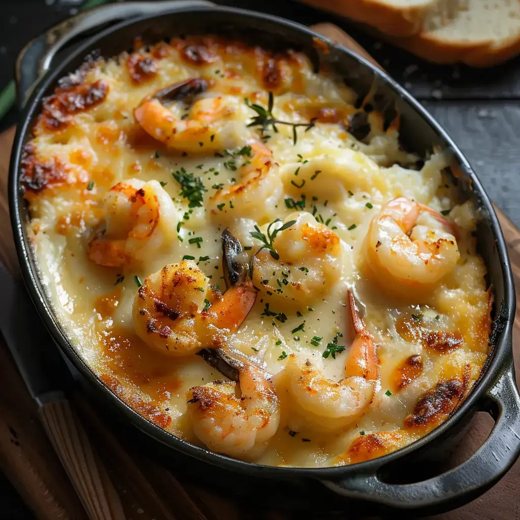 Un gratin de fruits de mer doré et croustillant, servi dans un plat noir, parsemé d'herbes fraîches