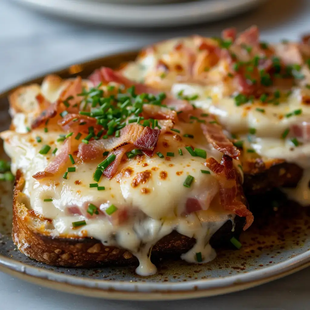 Deux croques-monsieurs dorés garnis de fromage fondu et de lardons, parsemés de ciboulette fraîche