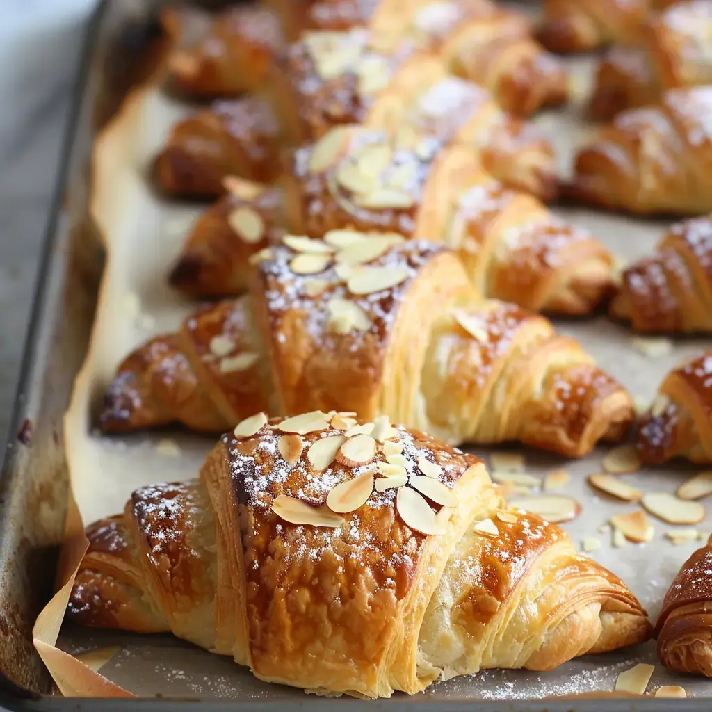 Des croissants aux amandes dorés et croustillants, saupoudrés de sucre glace, disposés sur une plaque de cuisson.