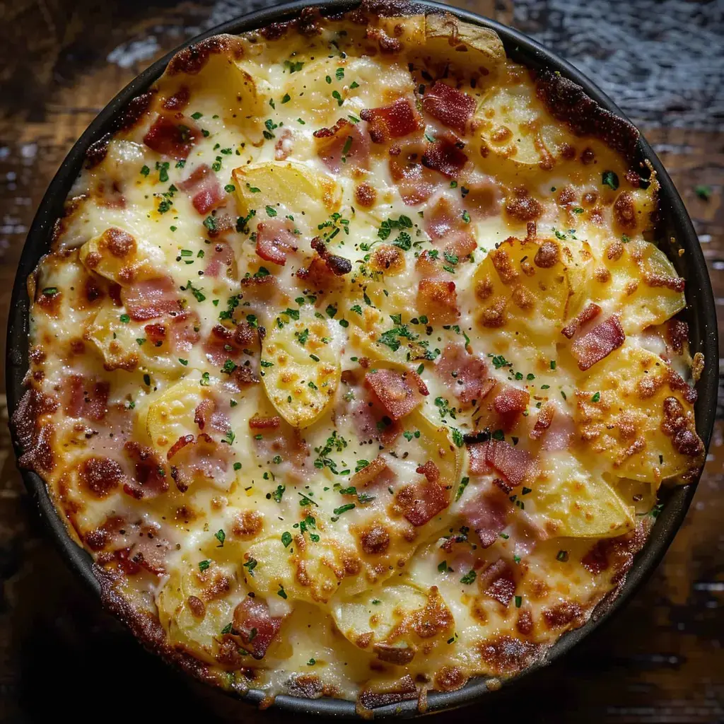 Un gratin dauphinois savoyard doré et fumant, garni de fromage fondu et de lardons, servi dans un plat en terre cuite