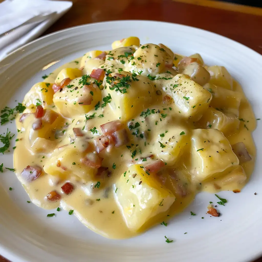 Carbonara de pommes de terre garnie de lardons dorés et persil frais