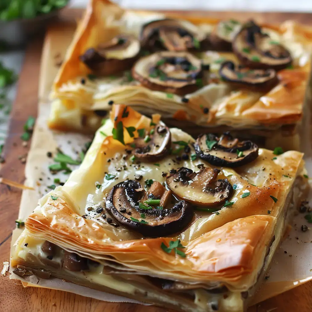 Feuilletés aux champignons garnis d'herbes fraîches sur une planche en bois