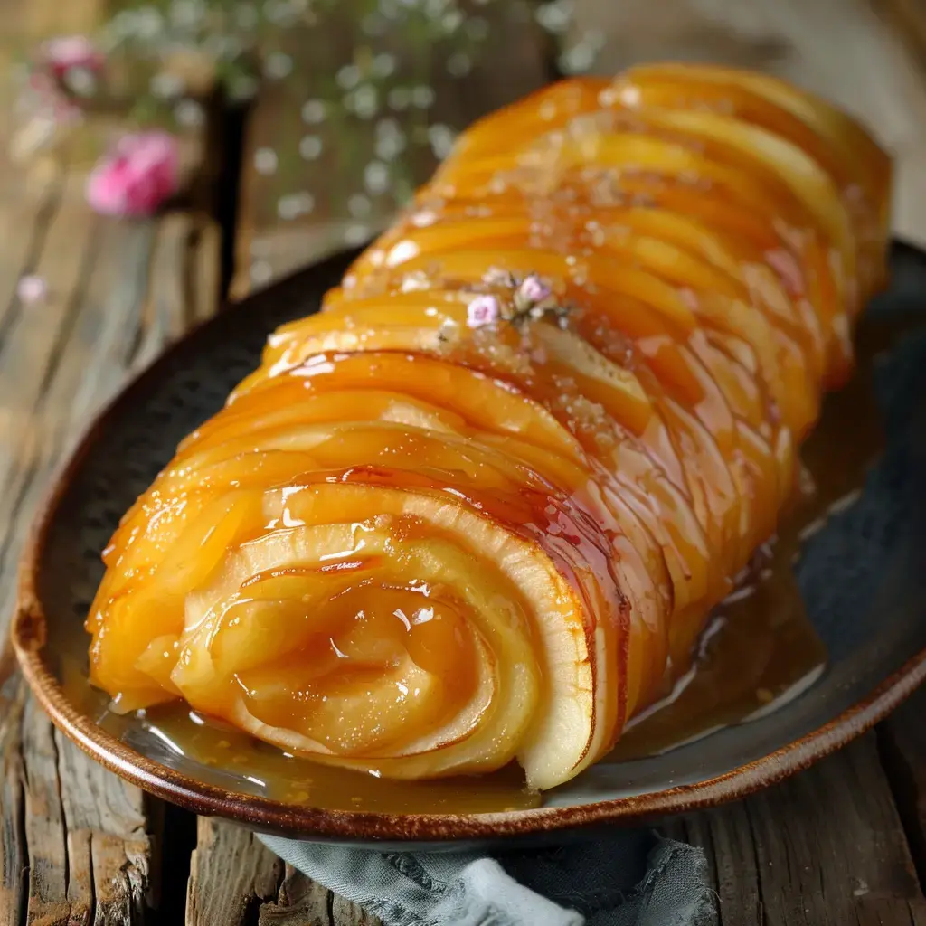 Bûche de Noël façon tarte Tatin décorée de caramel et de fleurs comestibles