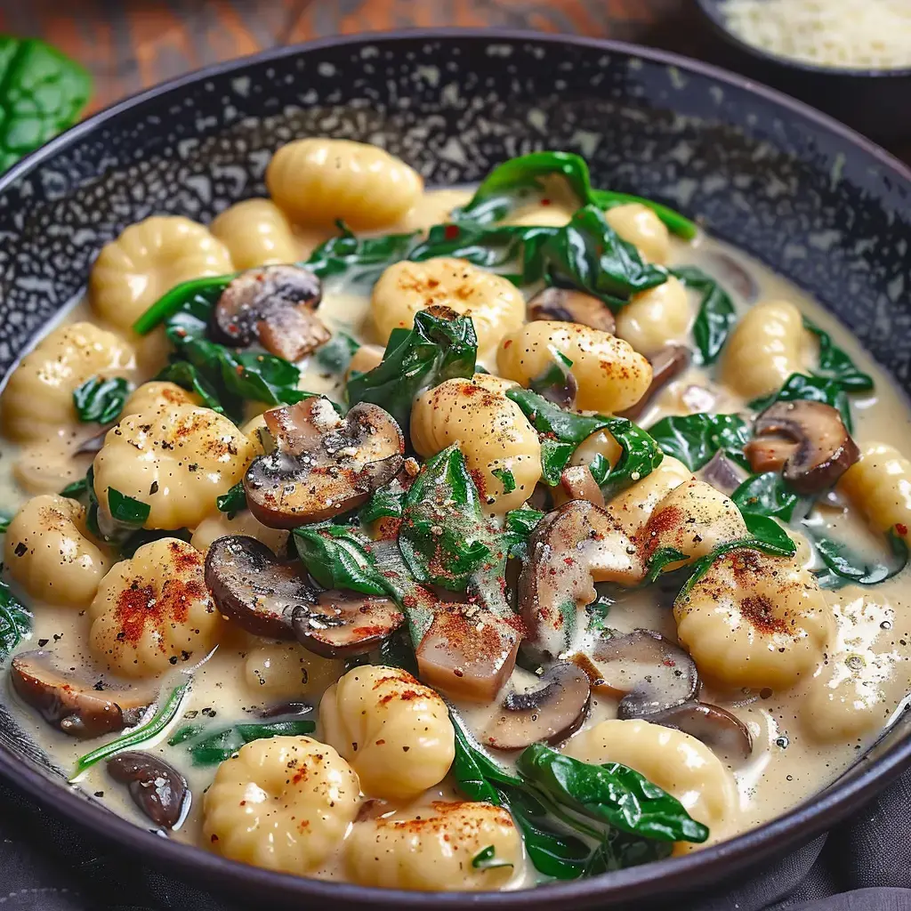 Un plat de gnocchis crémeux aux épinards et champignons, assaisonné de poivre et de paprika, servi dans un bol noir.