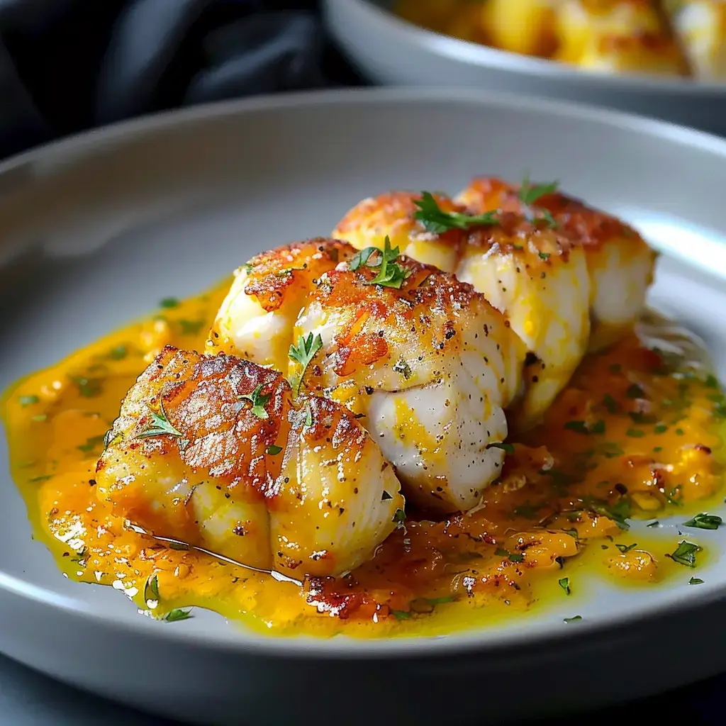 Un plat de cabillaud rôti nappé de sauce crémeuse, parsemé d'herbes fraîches, servi dans une assiette contemporaine