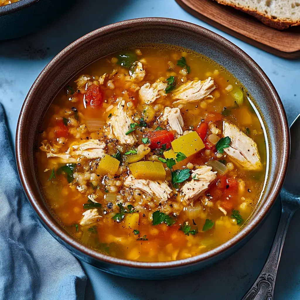 Un bol de soupe fumante garnie de poulet effiloché, légumes et herbes fraîches