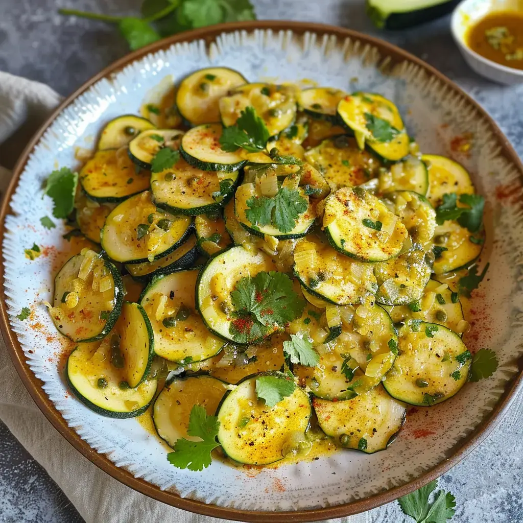 Courgettes mijotées au lait de coco et curry, garnies de coriandre fraîche dans un plat de service