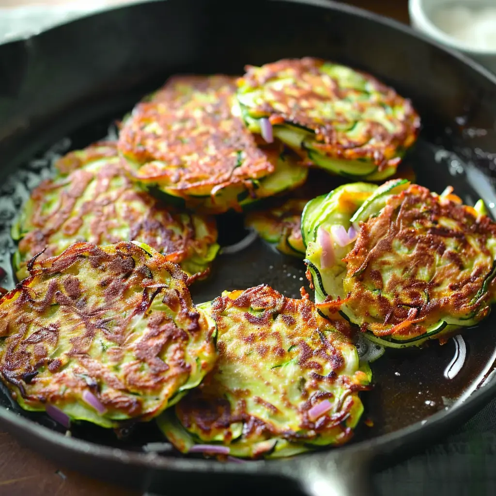 Des galettes dorées à base de légumes, notamment de courgettes, cuites dans une poêle noire.