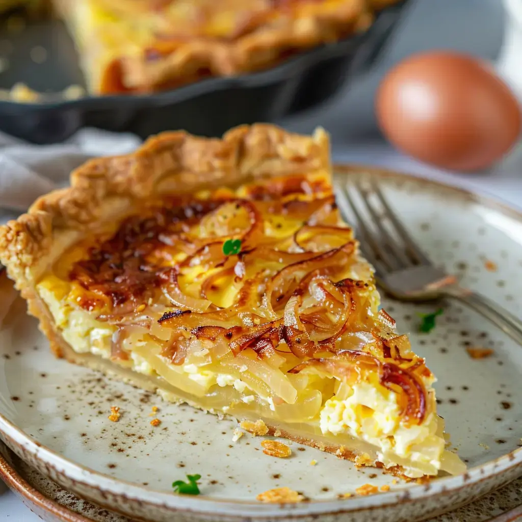 Une part de quiche aux oignons dorée et crémeuse servie sur une assiette avec une garniture de salade