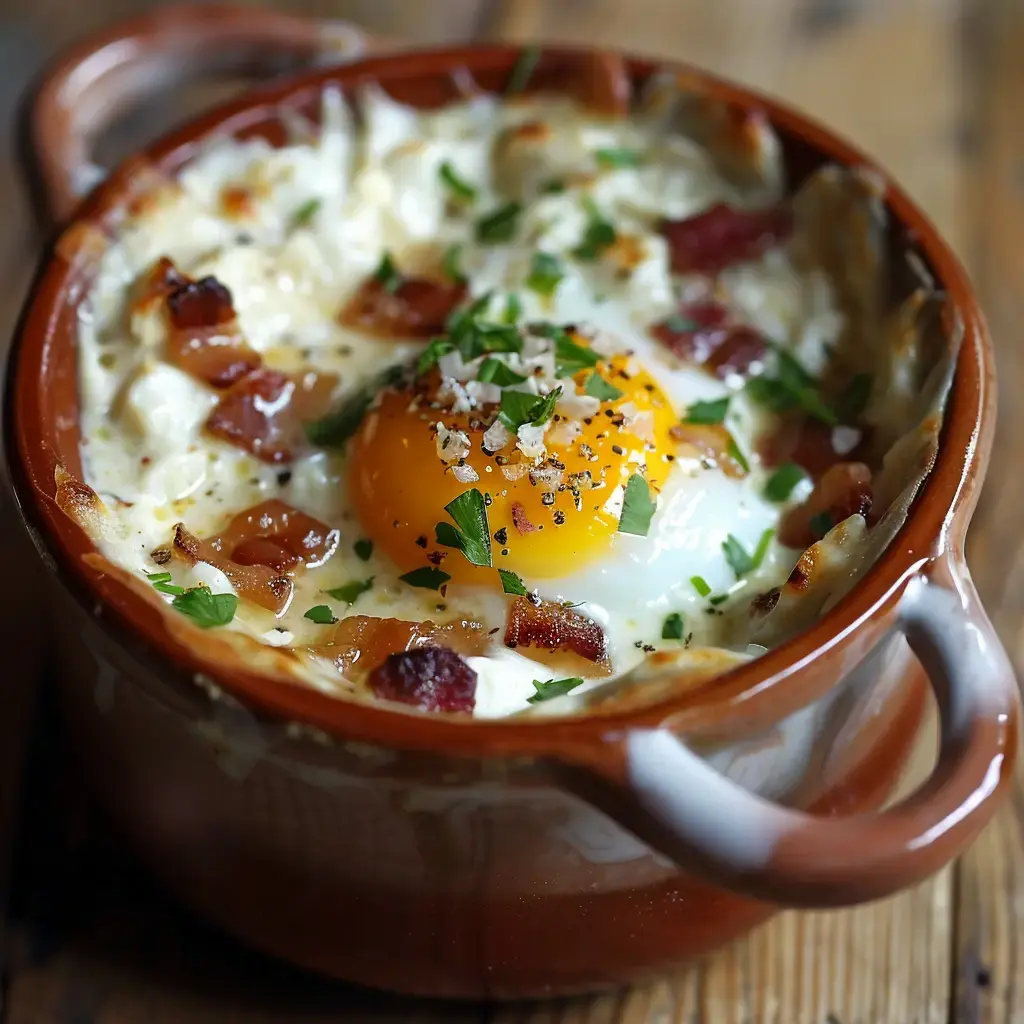 Un œuf cocotte au Reblochon servi dans un ramequin en terre cuite, garni de lardons dorés et de persil frais