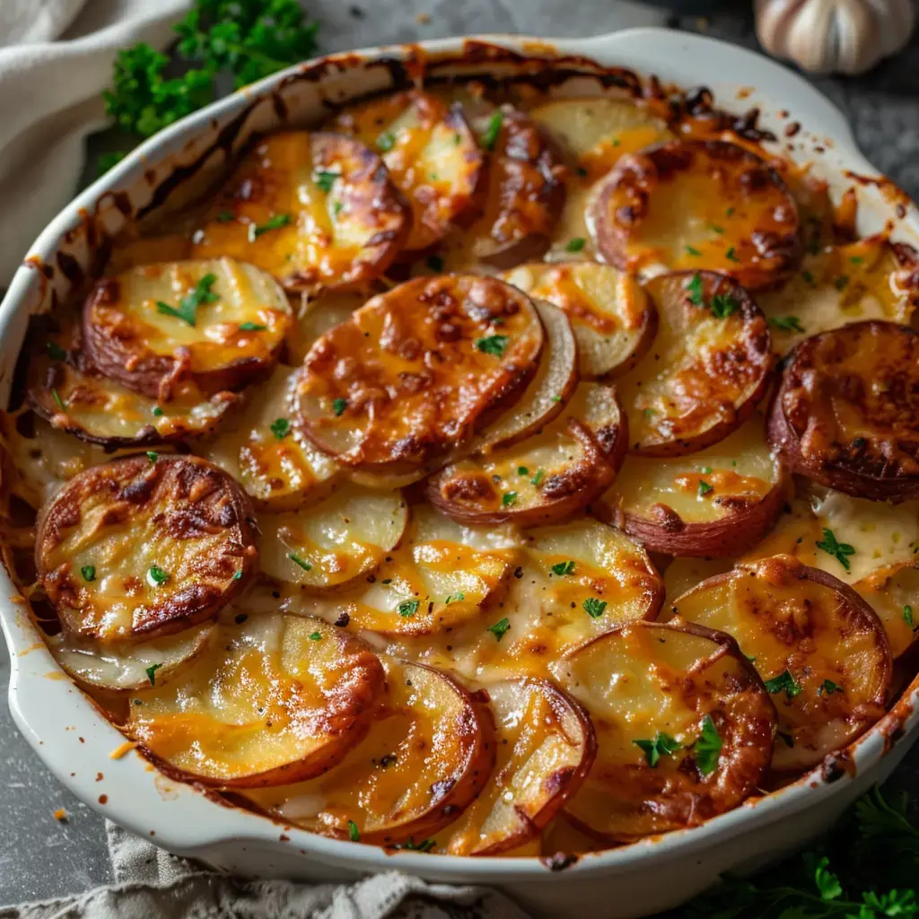 Un gratin de pommes de terre doré garni de fromage fondu et parsemé de persil frais