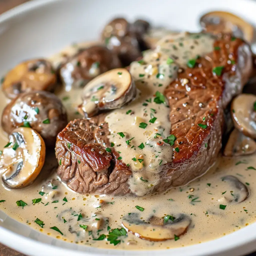 Un filet mignon nappé de sauce crémeuse aux champignons, parsemé de persil frais