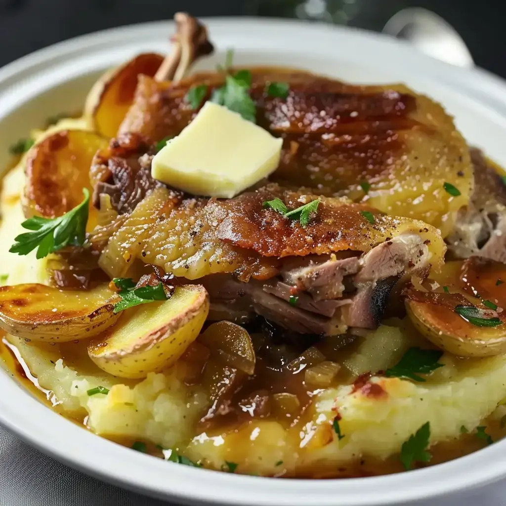 Hachis Parmentier au confit de canard gratiné, servi dans un plat en terre cuite