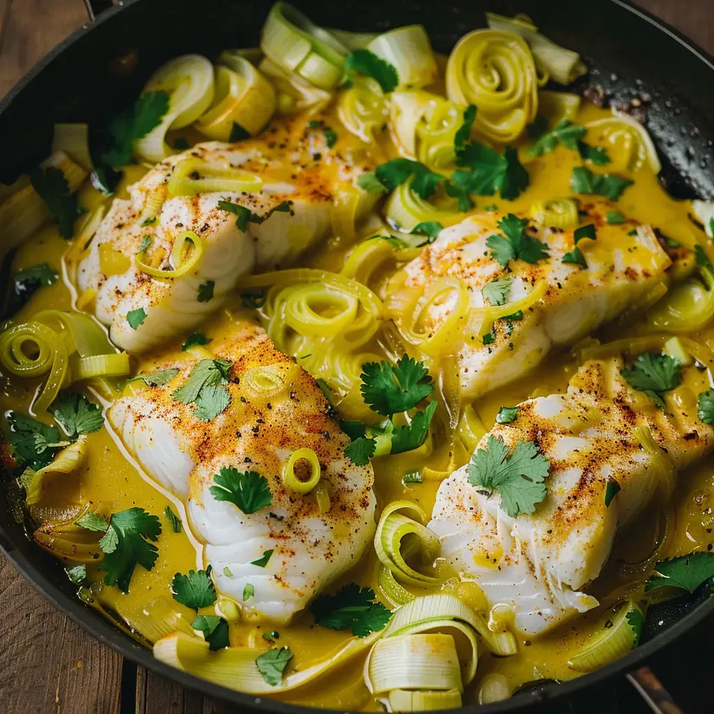 Filets de cabillaud nappés d'une sauce crémeuse au lait de coco et aux épices, garnis de coriandre fraîche