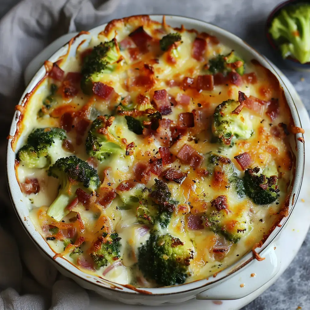 Gratin de brocolis au reblochon doré, parsemé de lardons croustillants, servi dans un plat en terre cuite