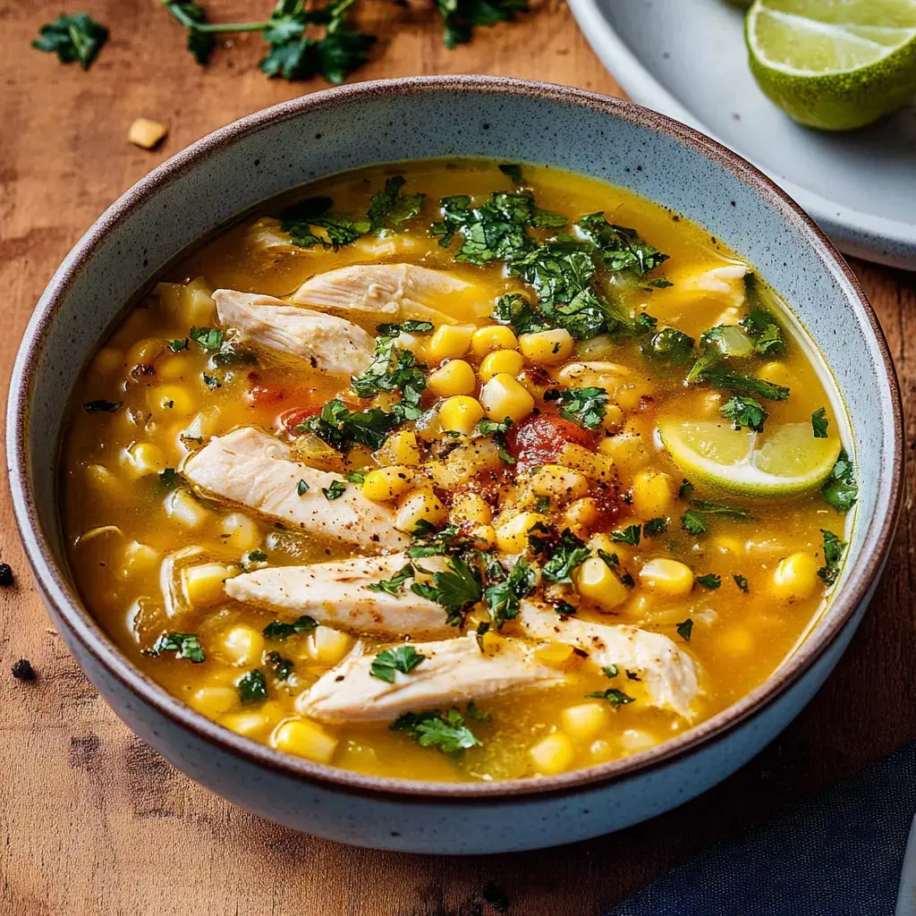 Un bol de soupe au poulet avec du maïs, des herbes fraîches et des quartiers de citron vert.