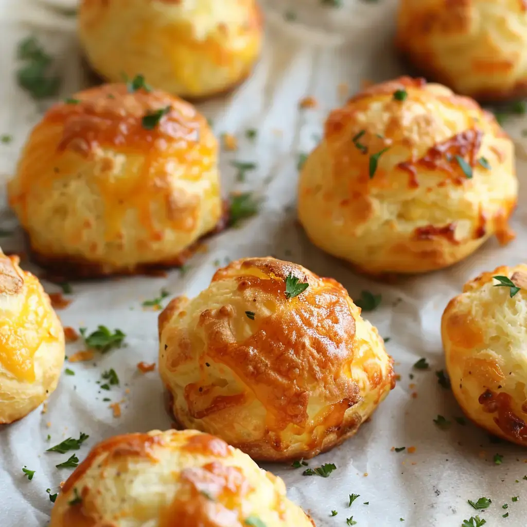 Gougères dorées disposées sur une feuille de cuisson, décorées d'herbes aromatiques fraîches