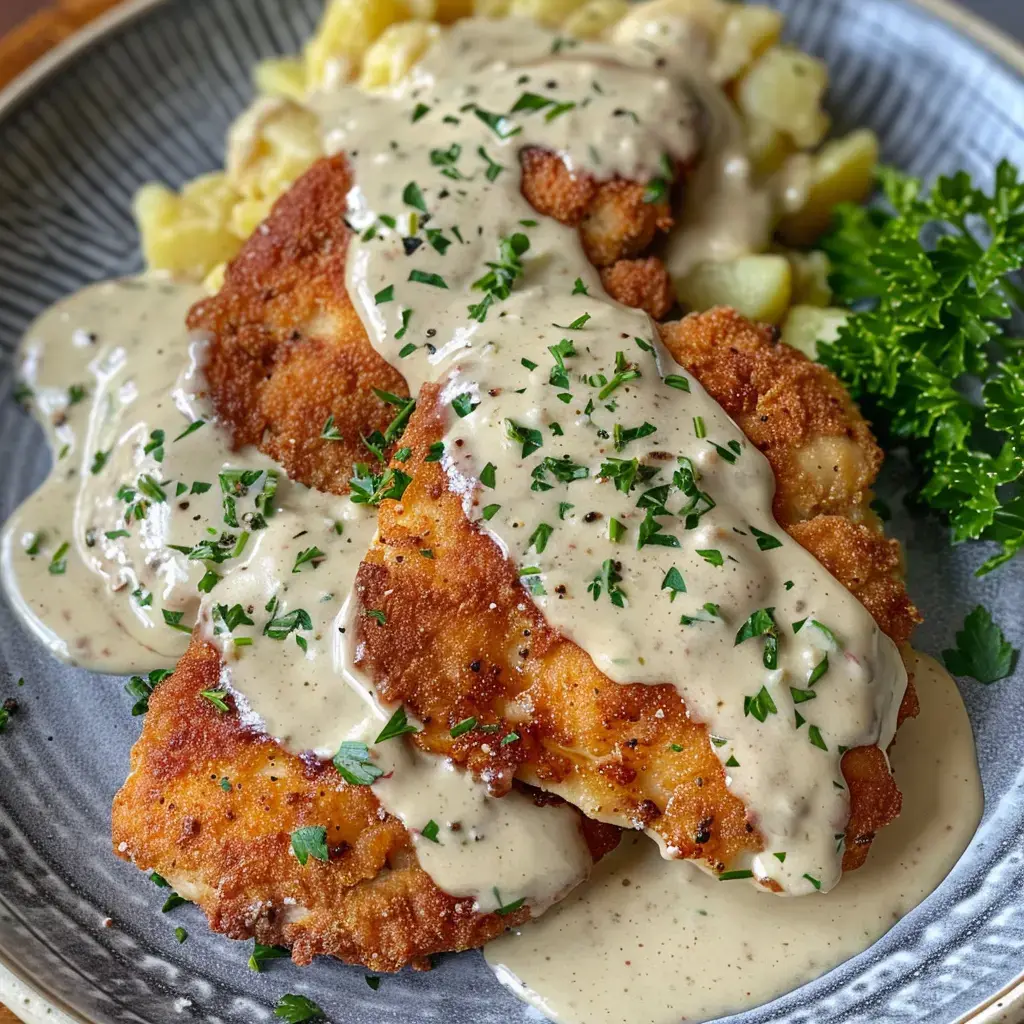 Une escalope nappée de sauce crémeuse au fromage, accompagnée de pommes de terre et de fines herbes