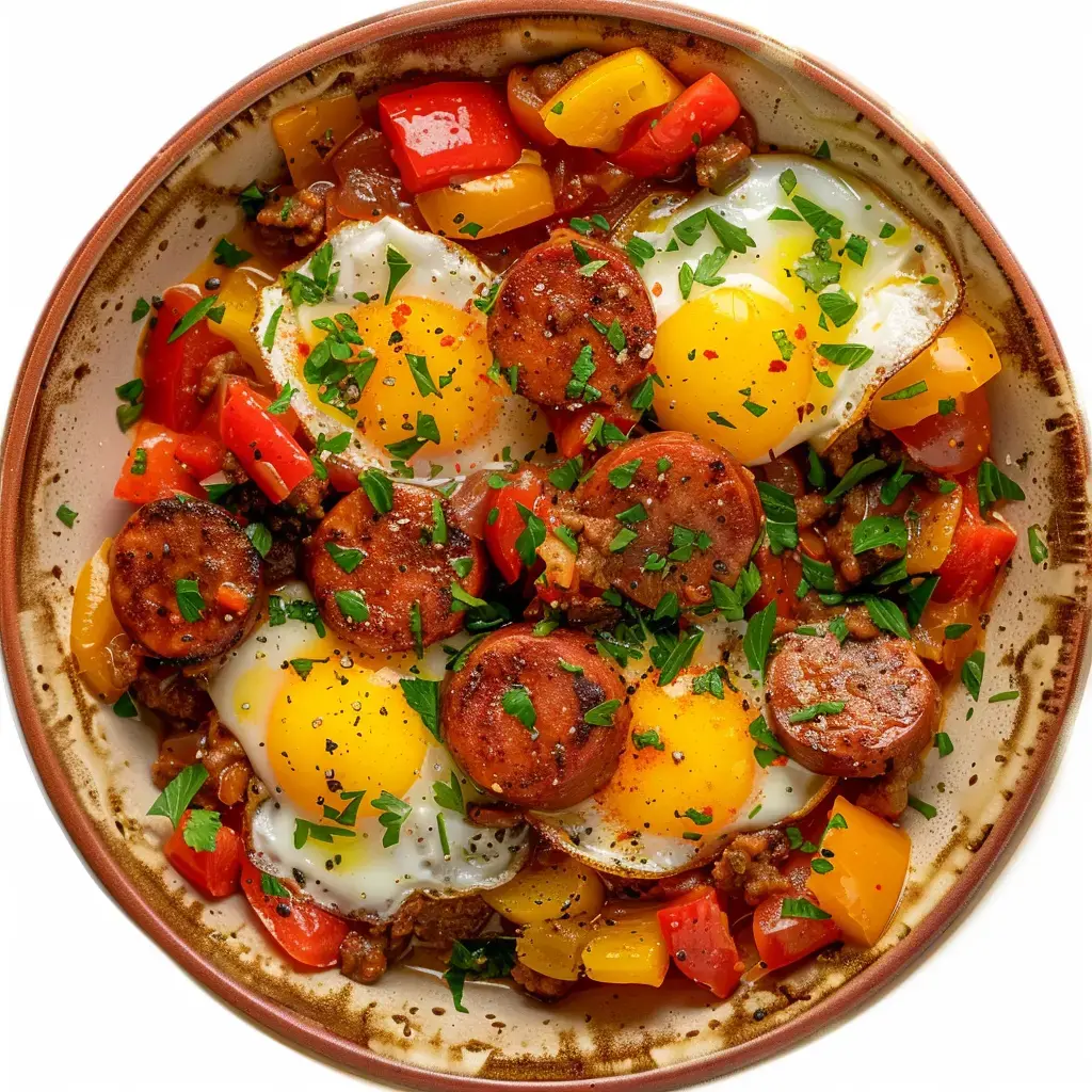 Une poêle de chakchouka garnie de saucisson de Lyon, œufs pochés, poivrons colorés et persil frais