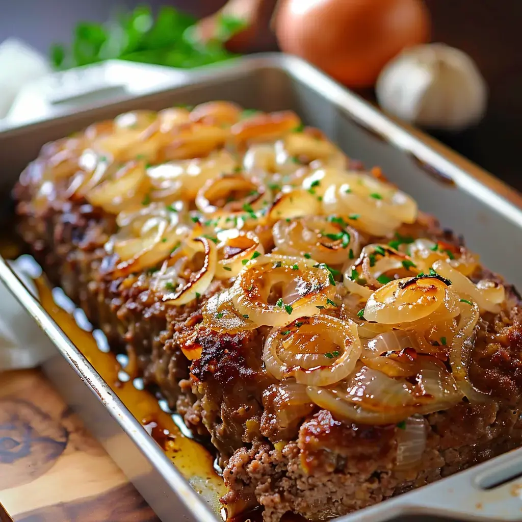 Pain de viande aux oignons caramélisés garni de persil frais