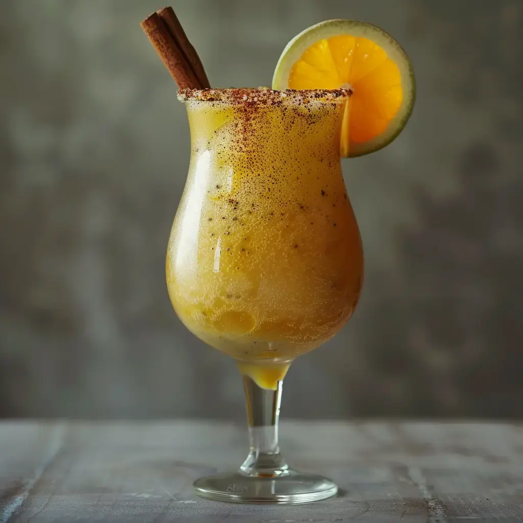 Un cocktail festif aux teintes dorées, décoré d'agrumes frais et d'un bâton de cannelle