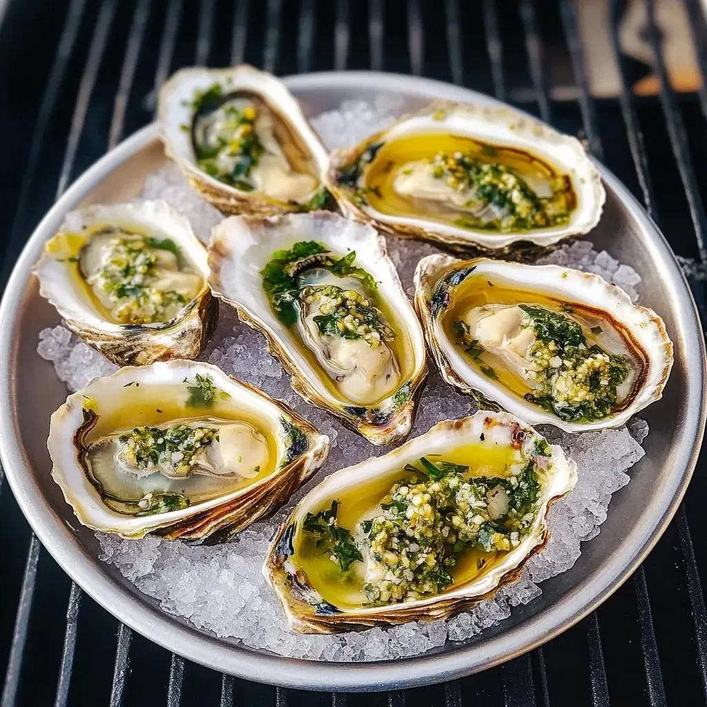 Des huîtres de Marennes-Oléron grillées, servies sur lit de gros sel avec une sauce aux herbes de Provence